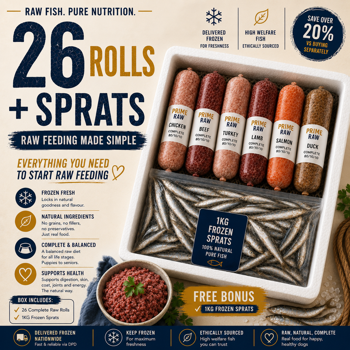 26 Rolls & 1kg Sprats Dog Food 80:10:10