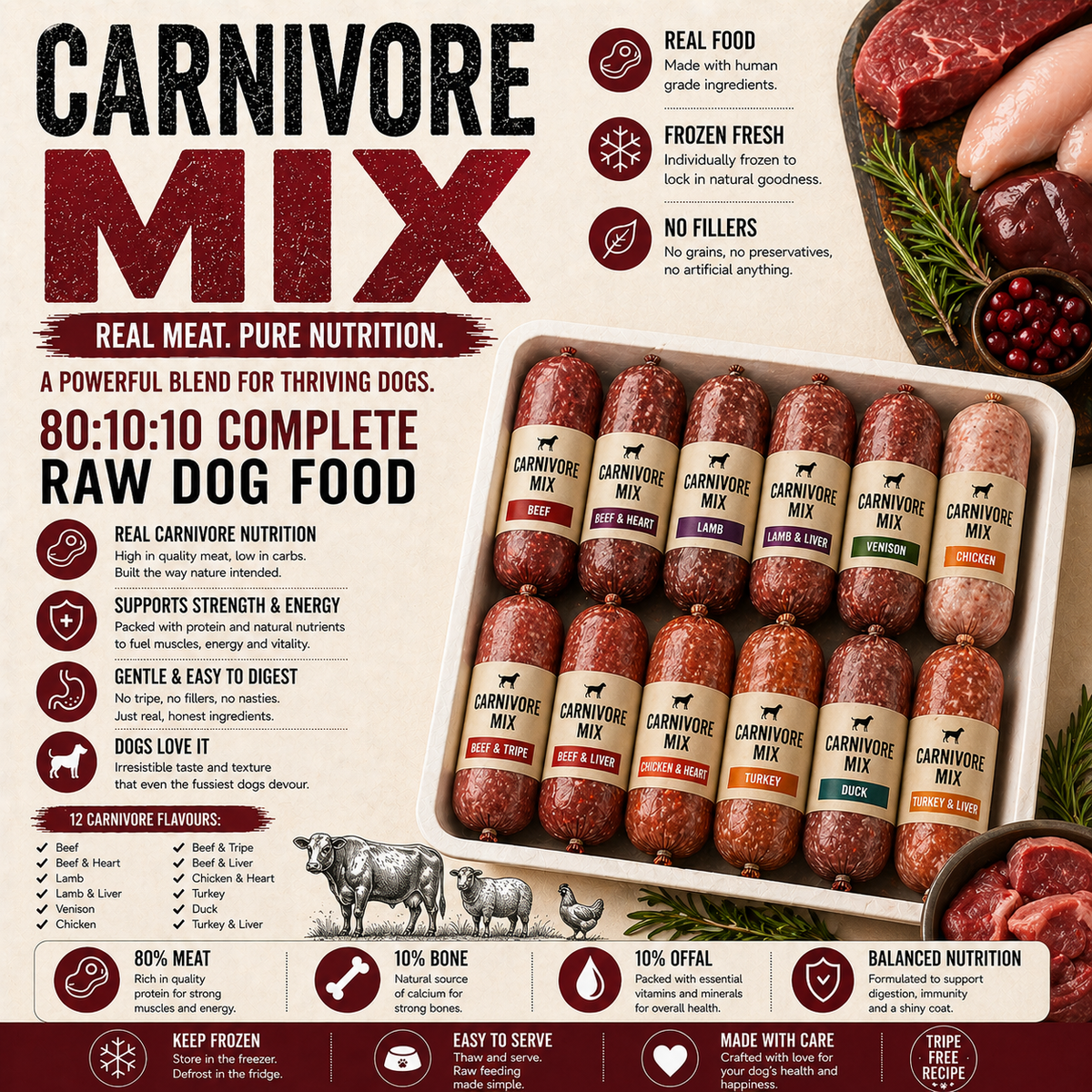 Carnivore Mix Raw Dog Food 80:10:10