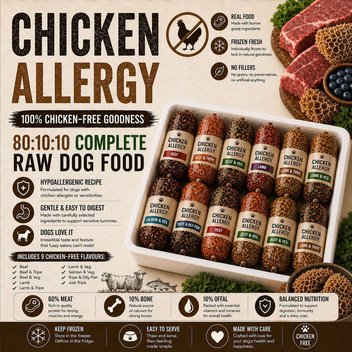 PRIME RAW Chicken-Free Raw Dog Food | Chicken Allergy Mix 80:10:10 Complete